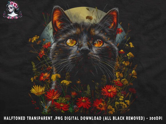 Elevate Your Apparel with a Floral Cat Halftoned Design