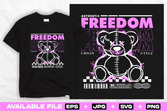 Freedom Bear Doll Urban T-Shirt Design: Streetwear Graphics